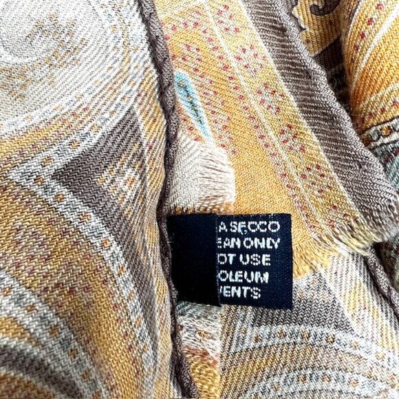 Vgt  ETRO scarf 70%Wool/39% Silk 56"x17" Rusty Gold Blue Paisley Fringed (37) - Picture 11 of 11